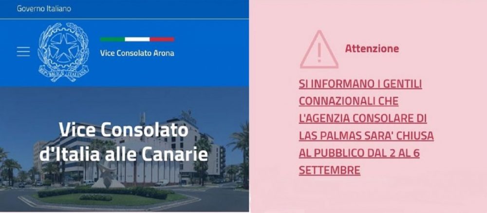 COMUNICATO l’Agenzia Consolare di Las Palmas de Gran Canaria CHIUSA al pubblico dal 2 al 6 settembre